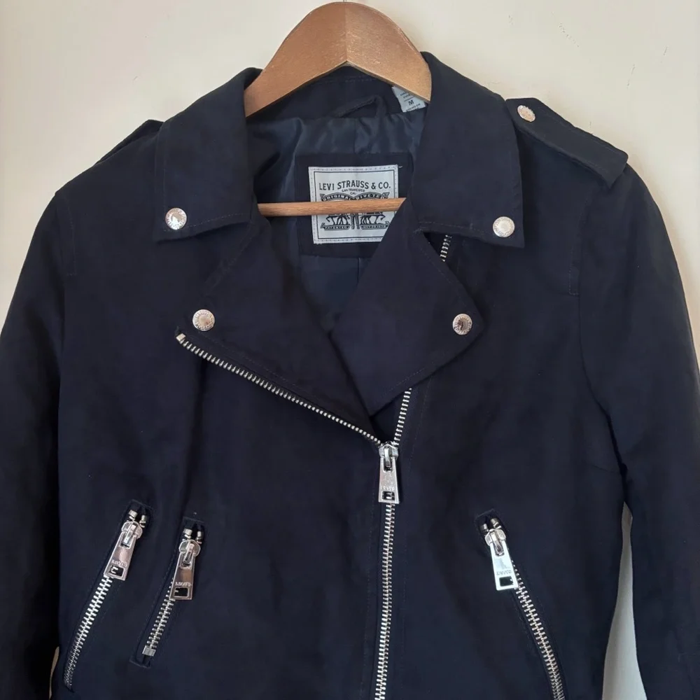 Levi's Cropped Faux Suede Moto Zip Jacket Medium Navy NEW NWT - Picture 3 of 11